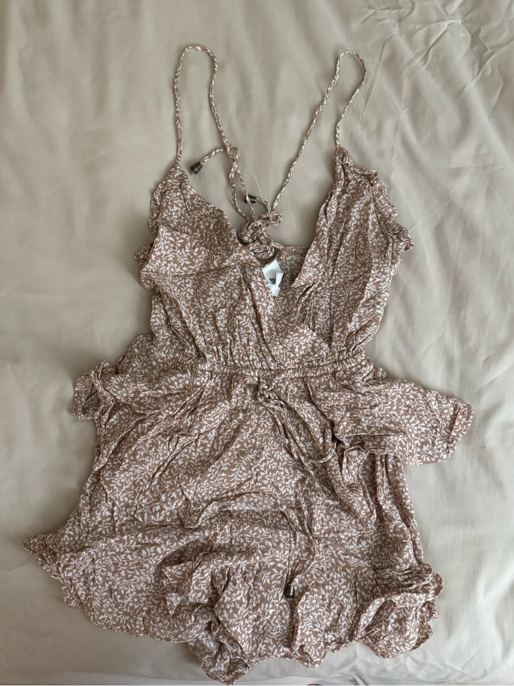 Pink and White Floral Ruffle Romper with Tie Straps
